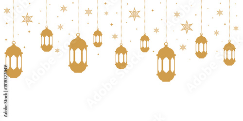 Elegant seamless pattern of hanging golden Arabian lanterns and decorative stars on a light background. Islamic festive design ideal for Ramadan, Eid greetings, invitations, wallpapers and banners.