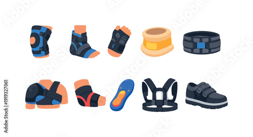 Rehabilitation equipment flat icon set. Braces, supports, orthotics, therapy icons collection.