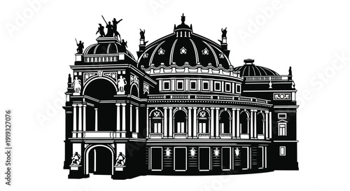 Detailed black and white illustration of grand historic opera house with statues and domes isolated on white background