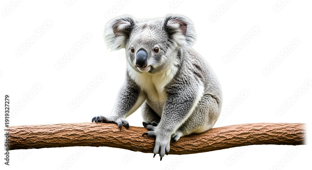 Fototapeta premium Adorable koala sitting on tree branch with curious expression