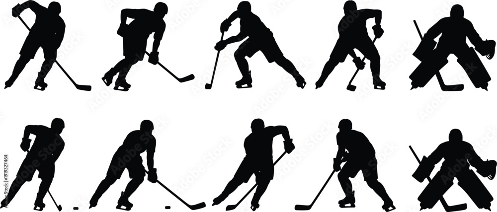 Εκτύπωση καμβά Ten Black Silhouettes of Hockey Players in Various Poses on White Background ice