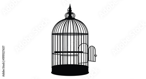 Elegant black wrought iron birdcage silhouette with ornate top and small door in flat vector style isolated on white background