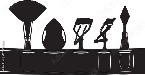 Stylized vector image displaying makeup brushes and scissors