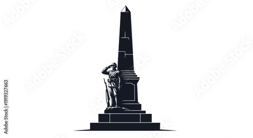 Flat illustration of a soldier saluting in front of an obelisk monument with pedestal base isolated on white background
