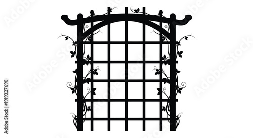 Decorative black metal trellis gate with climbing ivy vines in flat vector silhouette style isolated on white background