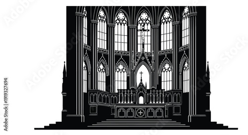 Detailed Gothic cathedral interior with grand stained glass windows and ornate altar in elegant black flat vector line isolated on white background