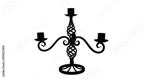 Elegant black three-arm candelabra flat vector silhouette design isolated on white background
