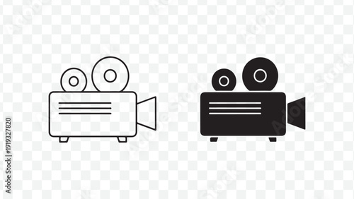 Film camera icon set. Includes movie, cinema, and photography symbols. Created in line and filled style with black and white colors, isolated on transparent background