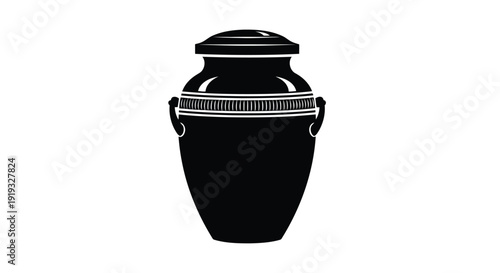 Elegant black urn vase silhouette with lid and handles in flat vector design style isolated on white background