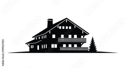Black and white flat vector silhouette of alpine chalet with chimney and balcony isolated on white background