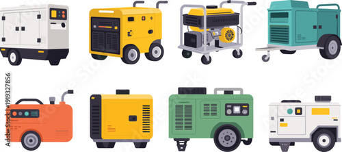 Portable generators and power equipment vector illustration featuring trailer mounted units, open frame and enclosed generators, wheels, handles, control panels, vents, fuel tanks