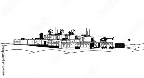 Minimalist flat illustration of a coastal military base with helicopter and vehicles isolated on white background