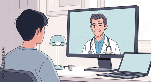 Patient consults with doctor online via video call on computer screen, remote healthcare concept