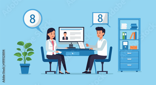 Job interview with a female candidate and male interviewer in a modern office setting, showing success and positive feedback
