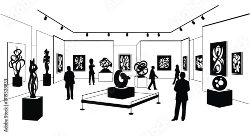 Group of people observing modern abstract art exhibition in contemporary art gallery with diverse sculptures and isolated on white background