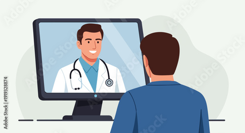 Patient consulting with a doctor online via video call on a computer screen for remote healthcare and telemedicine services