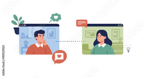 Virtual dating and online communication concept with a man and woman connecting remotely via video chat, sharing thoughts and emotions.