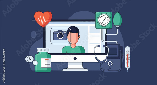 Telehealth and Online Medical Consultation Concept Illustration: Digital Healthcare Services with Doctor Avatar, Medical Devices, and Prescription Medication on a Computer Screen