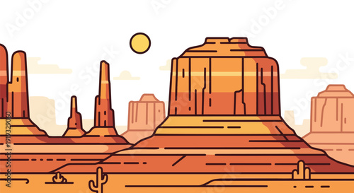 Expansive stylized desert landscape illustration featuring towering sandstone formations under a vast sky with a radiant sun and sparse resilient