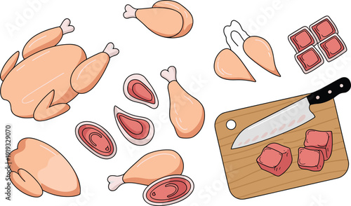 Raw chicken meat cuts and whole poultry illustration set with chopping board and knife, flat cartoon food elements for cooking design