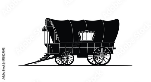 Black vintage-style covered wagon silhouette flat illustration isolated on white background