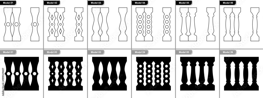 Naklejka premium Baluster vector set railing design staircase banister silhouette outline flat minimalist architecture interior design element for home renovation projects and architectural blueprints planning.
