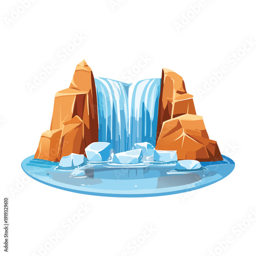 Cartoon waterfall cascading over orange rock formations isolated