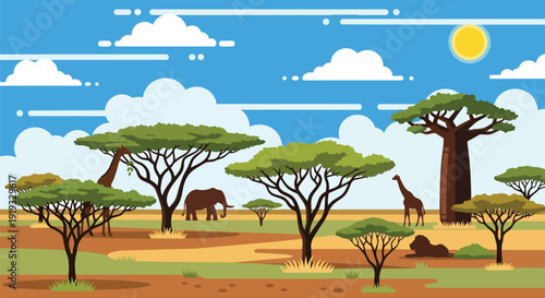 Vibrant African Savanna Wildlife Scene with Elephants, Giraffes, and a Majestic Baobab Tree Under a Bright Sky