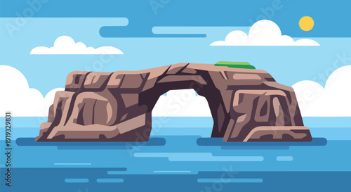 Stylized natural rock formation in serene ocean waters under a clear blue sky with fluffy clouds and a bright sun