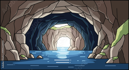 A captivating subterranean water passage revealing shimmering aquatic reflections under a distant bright opening through ancient stone formations a