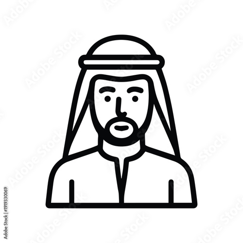 Black line icon of an arab man wearing a ghutra isolated on white background
