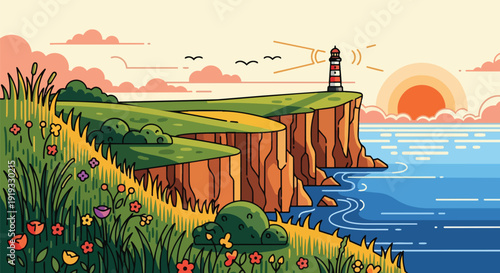 Vibrant coastal landscape with a charming lighthouse perched on dramatic cliffs overlooking the serene ocean at sunrise, adorned with wildflowers