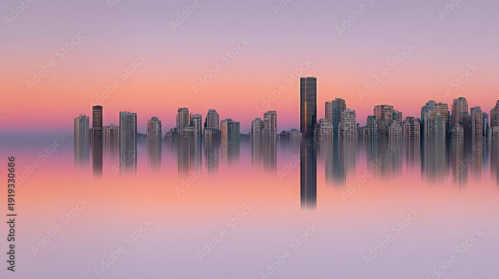 Fototapeta premium Modern metropolitan skyline reflects upon still water during a vibrant sunrise or sunset.