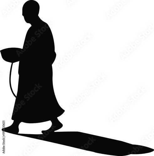 Silhouette of a monk walking with an alms bowl in hand, long shadow cast, minimalist black cutout on white background surface