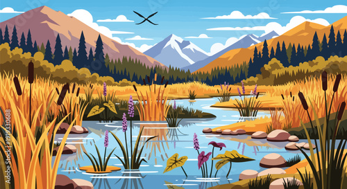 Vibrant vector mountain wetland landscape with winding river, golden reeds, and serene natural beauty.