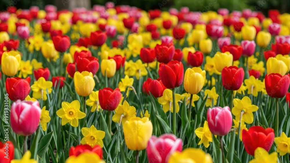Fototapeta premium A vibrant field filled with blooming red, yellow, and pink flowers