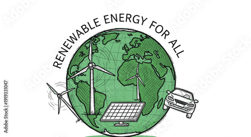 Renewable energy icon collection. Includes solar panel, wind turbines, eco friendly car. Created in line style with green and black palette.