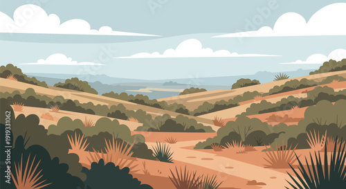 Arid landscape with winding path, sparse shrubs, distant water and cloudy sky