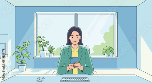 Smiling young woman working remotely from her bright home office, using a smartphone for communication and productivity in a modern vector illustration.