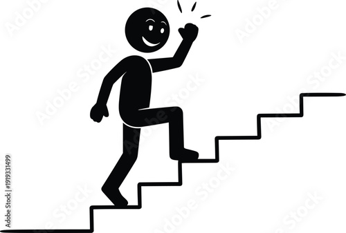 Stick figure climbing stairs icon silhouette, personal growth, success, motivation, career progress concept, achievement steps symbol, vector illustration for business and self development