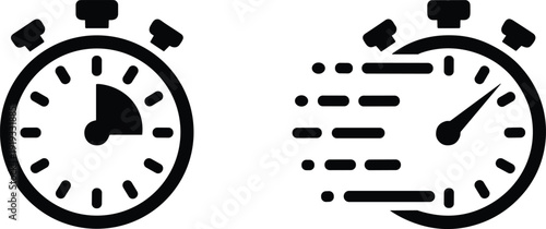 Stopwatch icons: classic timer and fast-moving stopwatch with motion lines, representing speed, urgency, countdowns, performance, and rapid response, time critical operations