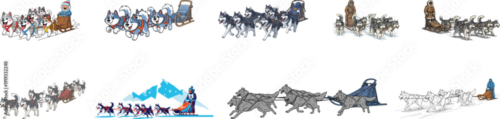 Fototapeta premium Dog Sled Vector Illustrations – Husky Sled Team & Winter Mushing Scenes