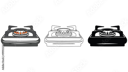 A gas stove icon set including color, line, and silhouette illustrations