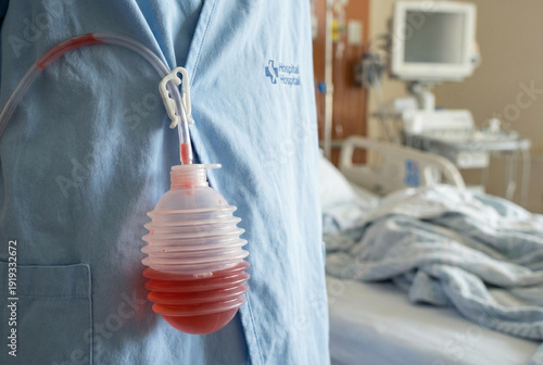 Patient in blue hospital gown with attached surgical drain bulb containing bloody fluid after operation