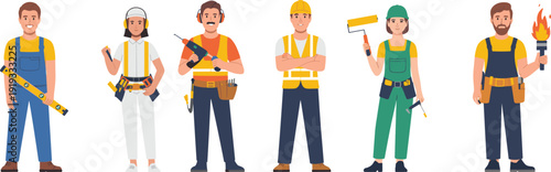 Vector illustration of construction and trade workers with tools and safety gear — drill, paint roller, spirit level, hard hat, tool belt, torch