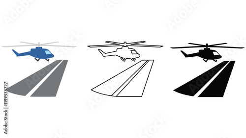 A helicopter icon set with different colored silhouettes on a runway
