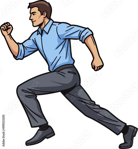 Active businessman running in professional blue shirt and grey trousers