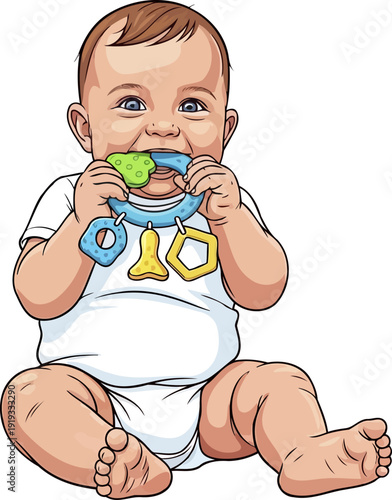 Adorable baby chewing on a colorful plastic teething toy