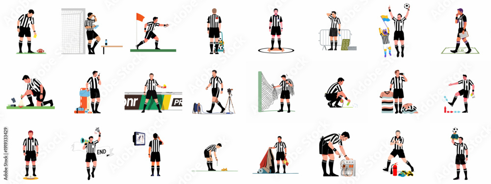 Εκτύπωση καμβά Diverse set of flat vector illustrations depicting soccer referees performing various duties, using equipment, and managing a football match