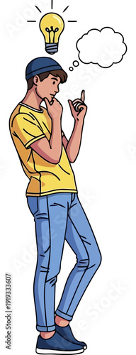 Creative thinker with a lightbulb and thought bubble above head